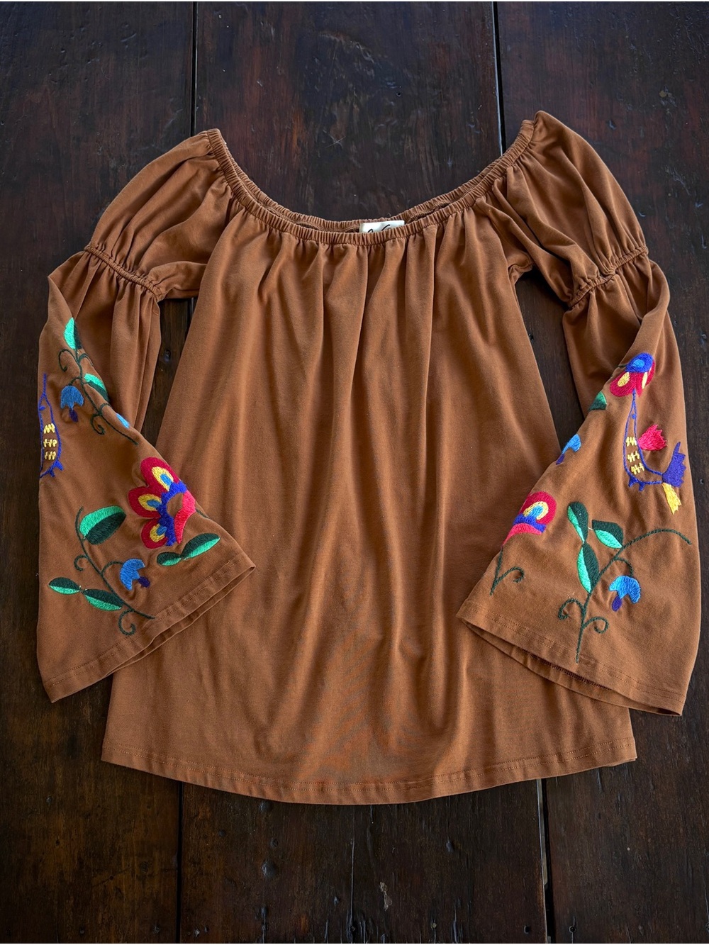Off-Shoulder Bell Sleeve Top with Floral Embroidery
